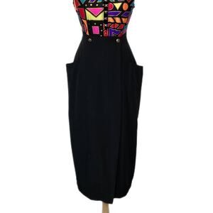 Vintage Black Wrap Pencil Skirt Gold Buttons Slouch Pockets - Women's Size 7